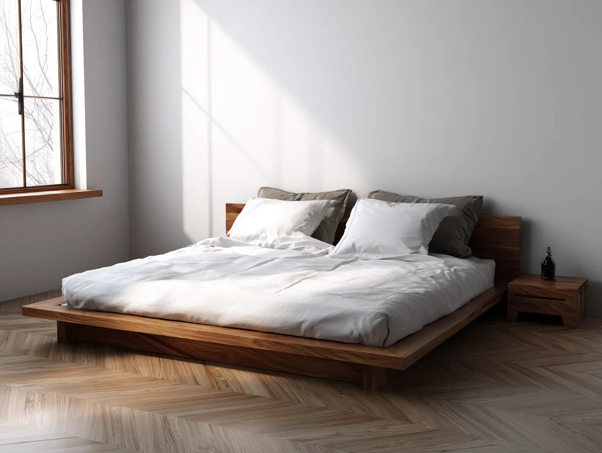 Cama doble de madera maciza 200x180x90cm - nogal natural - diseño minimalista moderno