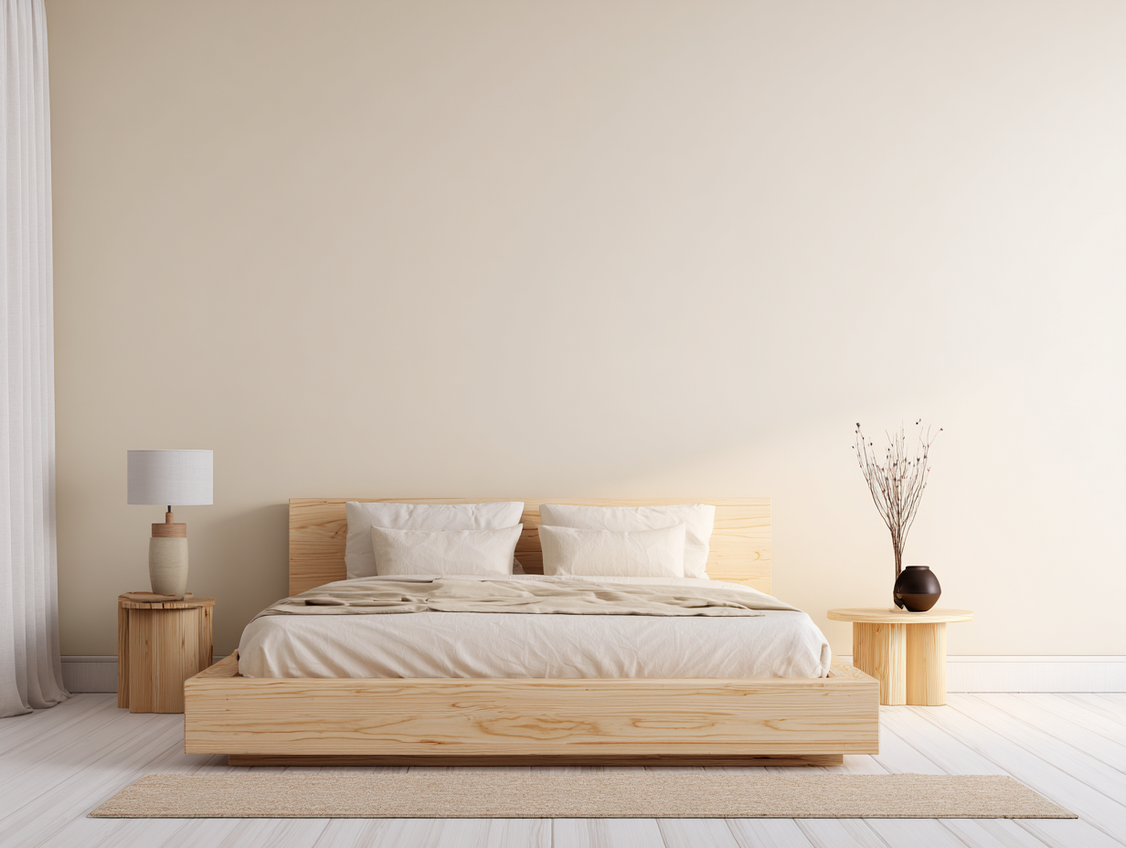 Cama doble de madera maciza de pino natural 200x160x95 cm - estilo minimalista - cabecero bajo - lista para usar