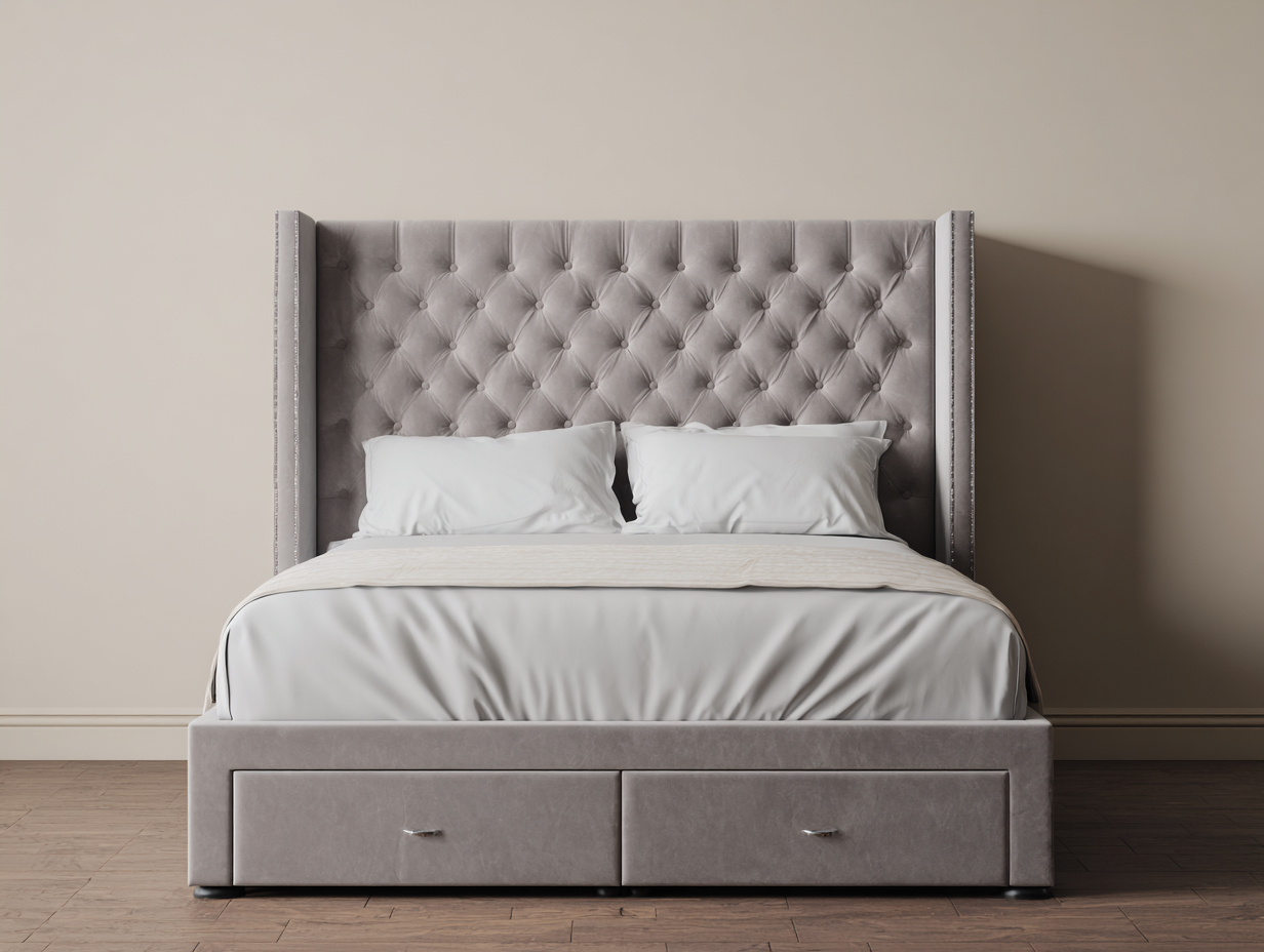 Cama doble tapizada 200x160x125 cm - terciopelo gris - con cabecero capitoné y cajones de almacenaje