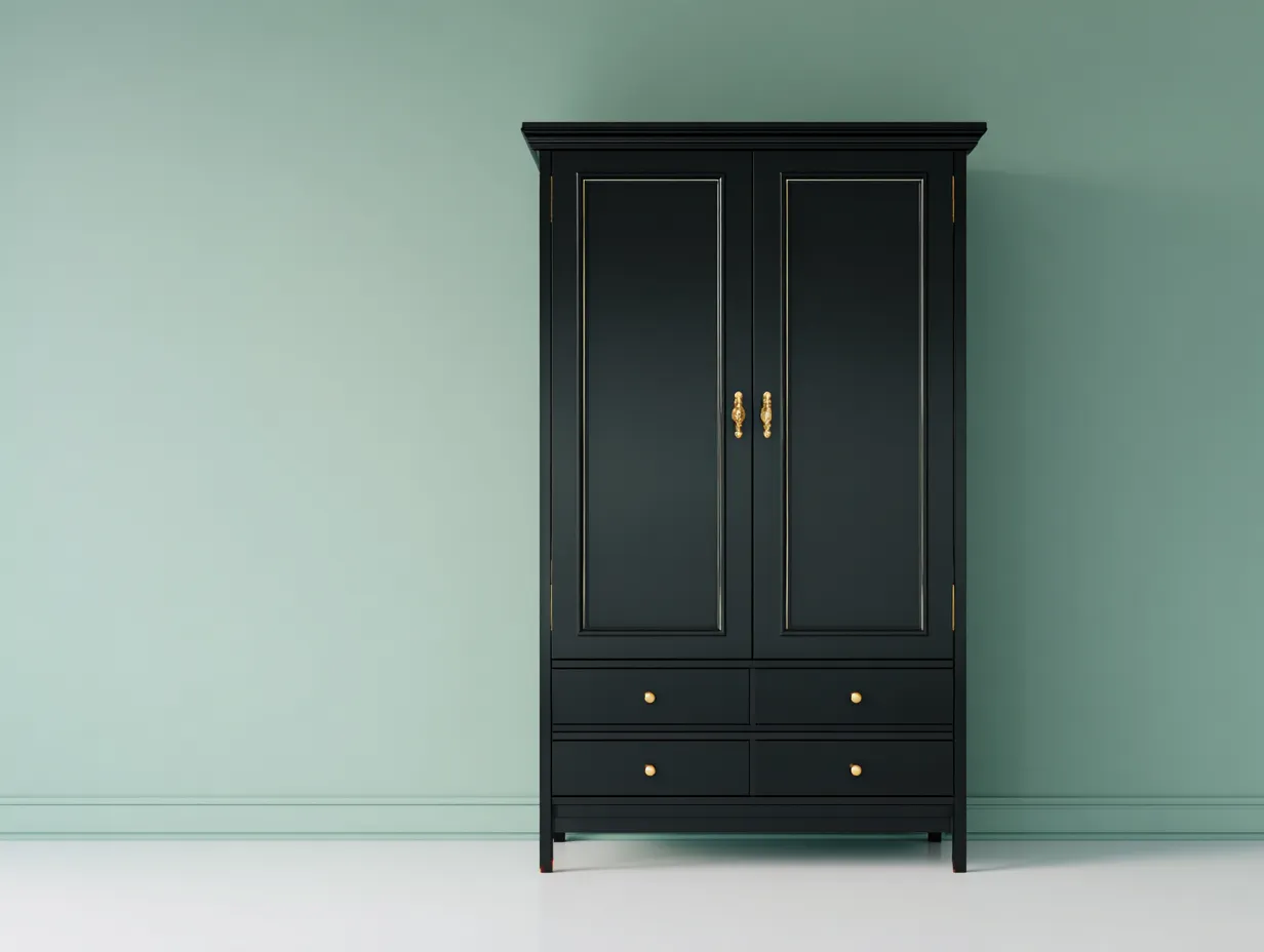 Armario de 2 puertas y 4 cajones en madera MDF negra 110x55x200 cm - estilo clásico - tiradores metálicos dorados - listo para usar