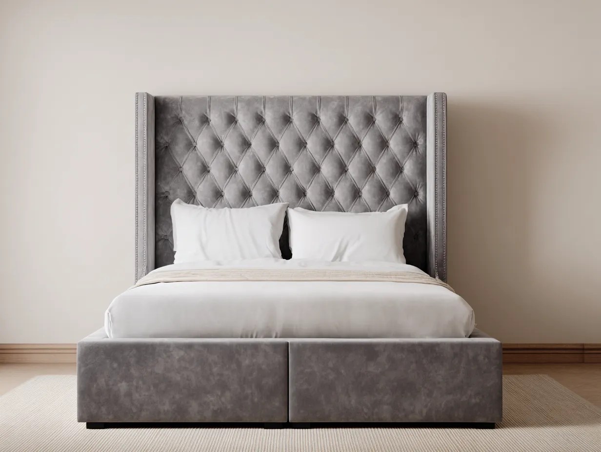Cama doble tapizada 200x160x120cm - terciopelo gris - cabecero capitoné alto con alas laterales