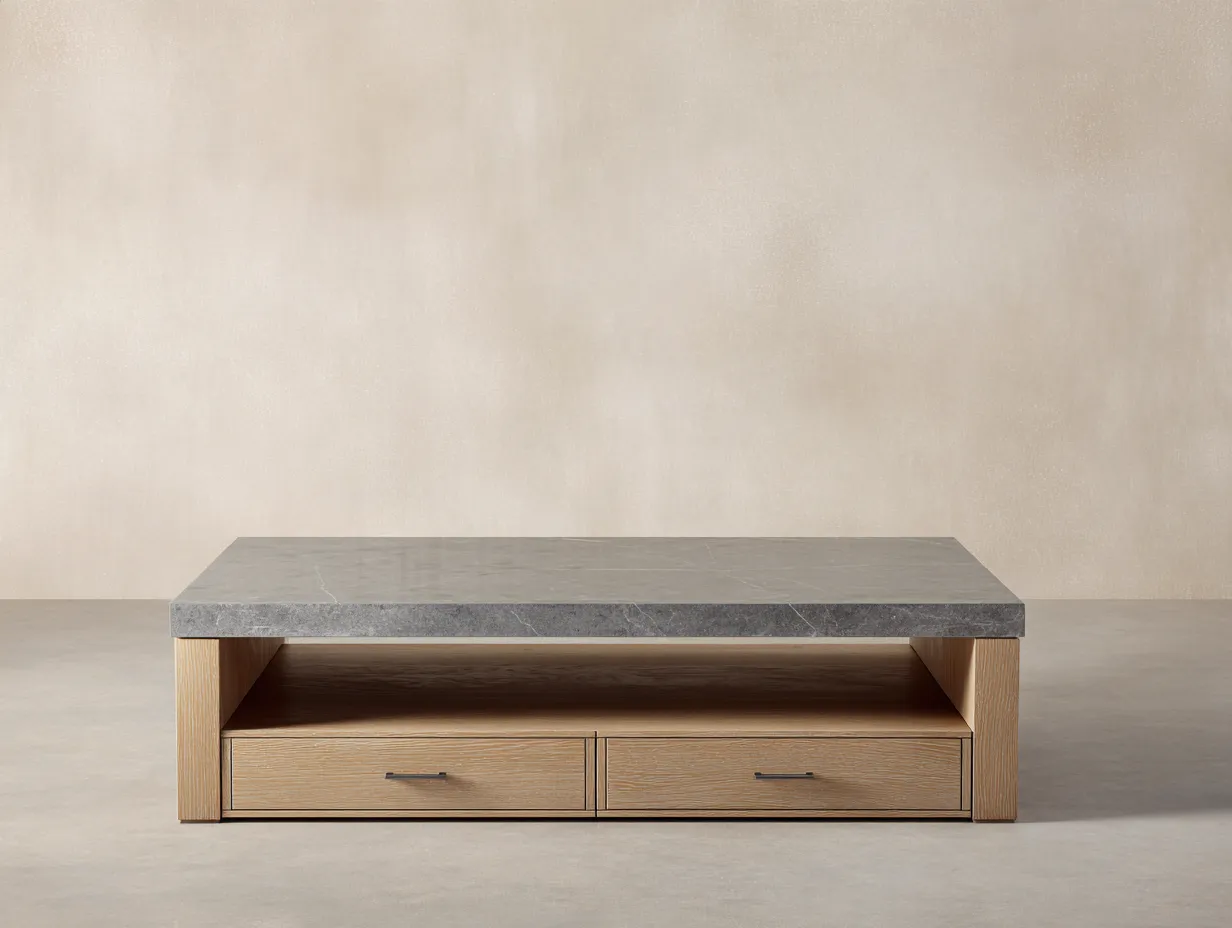 Mesa de centro rectangular de madera y piedra 130x70x42 cm - gris/natural - con cajones - estilo moderno