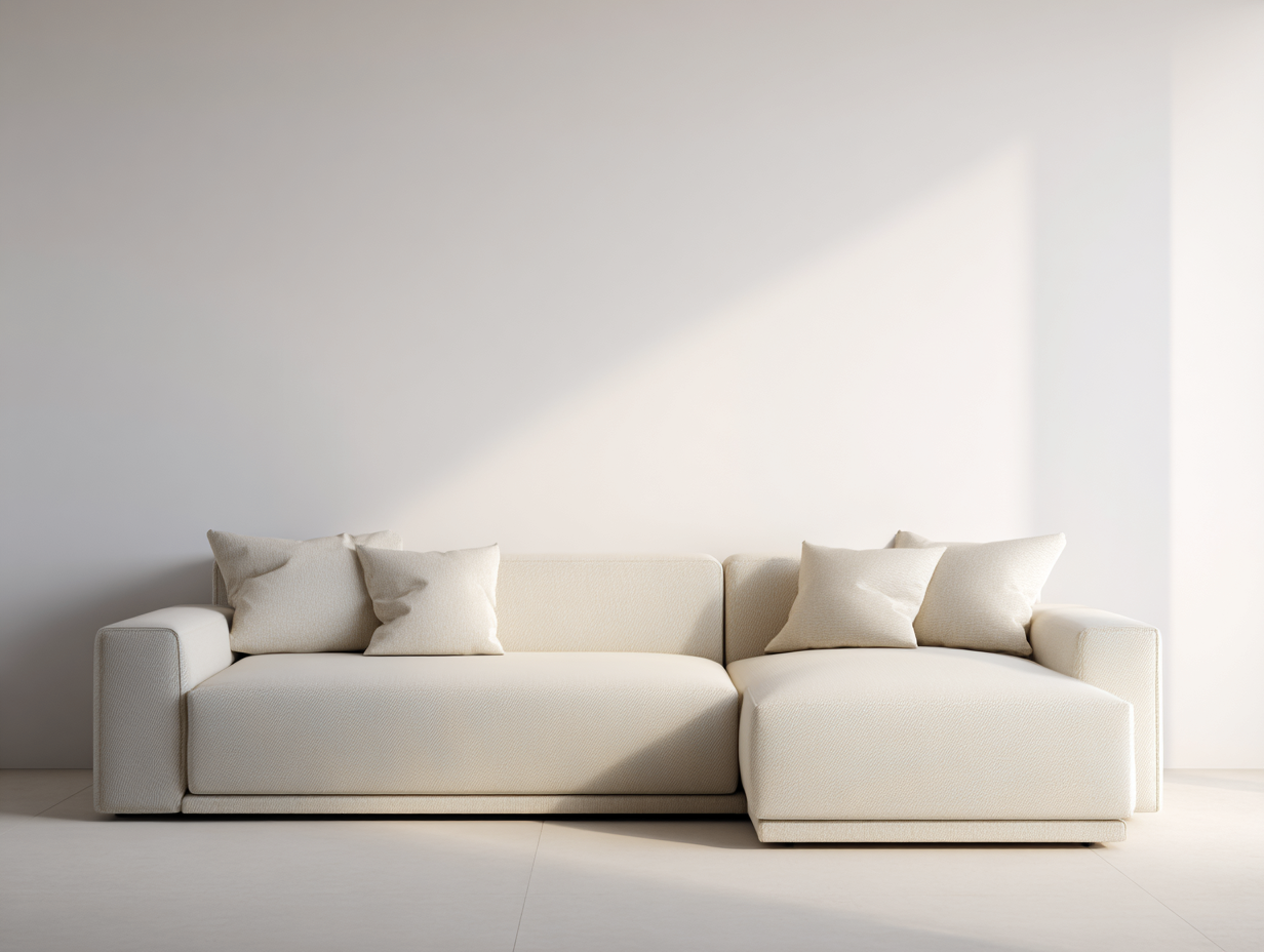 Sofá esquinero tapizado en tela beige - 300x190x85 cm - diseño moderno minimalista