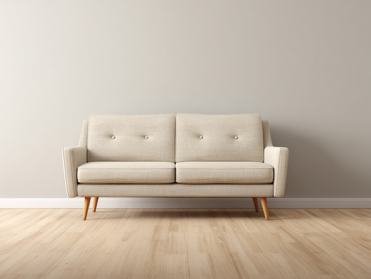 Sofá de 2 plazas tapizado en tela beige 155x82x85 cm - patas de madera - estilo retro escandinavo - listo para usar