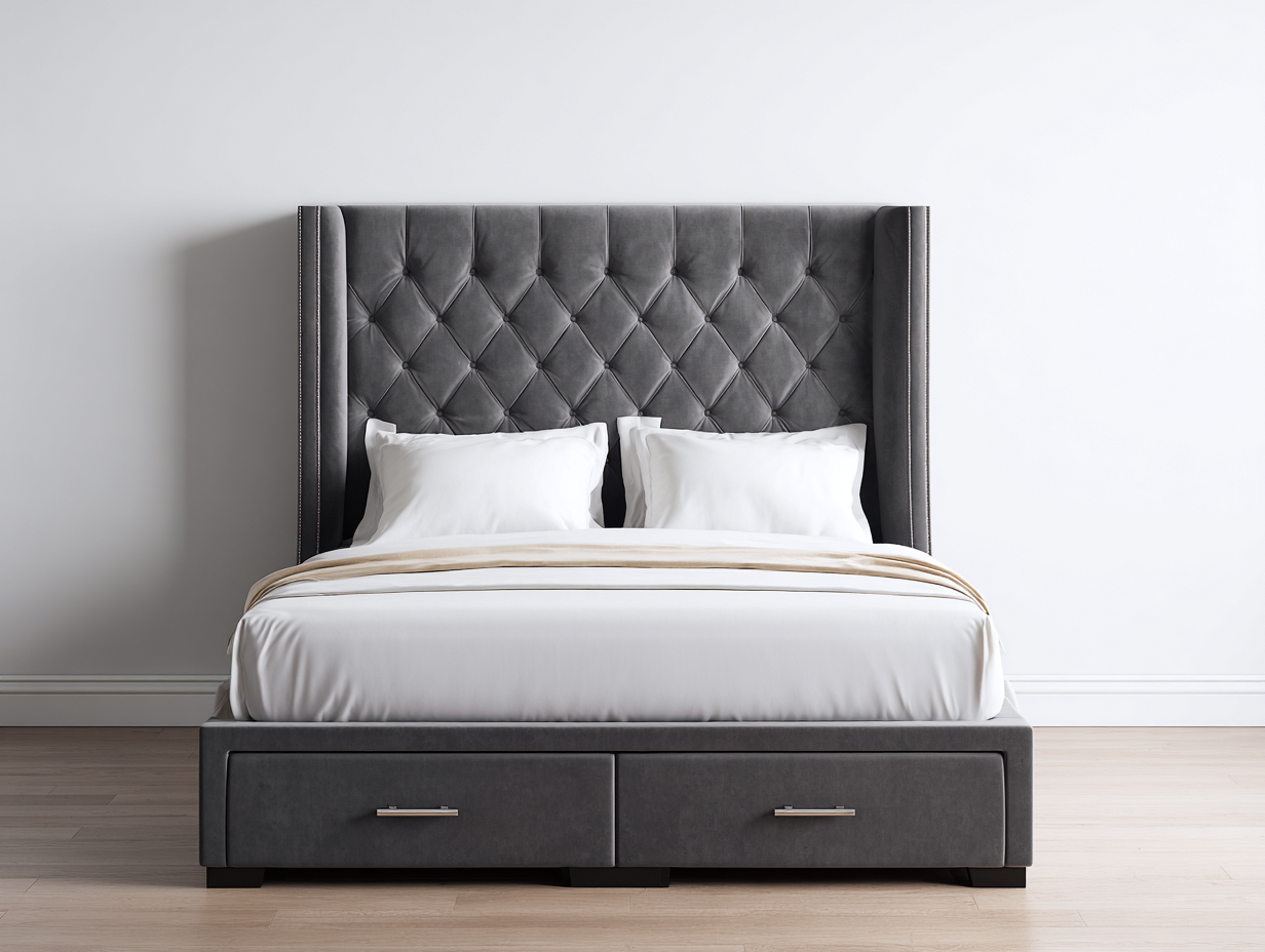 Cama doble tapizada 200x160x120 cm - terciopelo gris - con cabecero capitoné y cajones de almacenaje