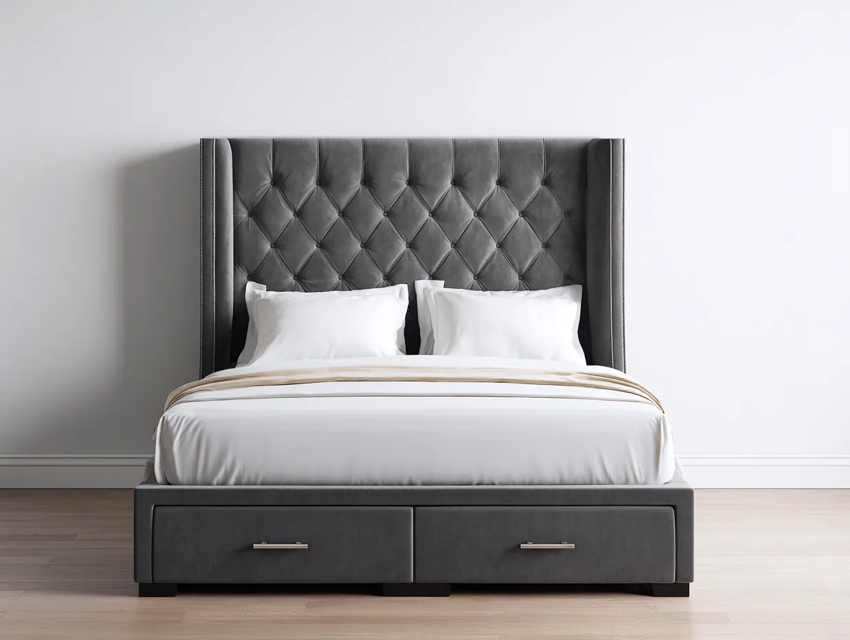 Cama doble tapizada 200x160x120 cm - terciopelo gris - con cabecero capitoné y cajones de almacenaje