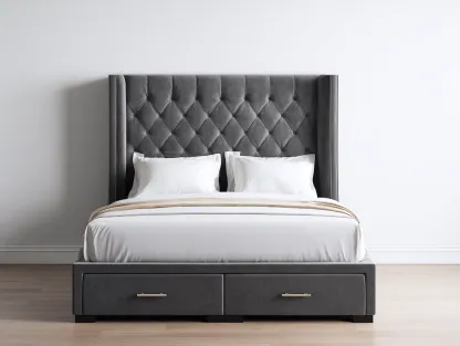 Cama doble tapizada 200x160x120 cm - terciopelo gris - con cabecero capitoné y cajones de almacenaje