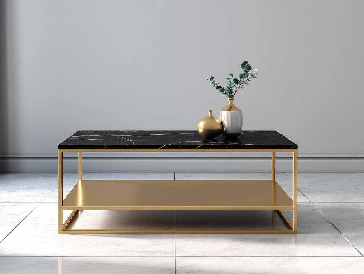 Mesa de centro rectangular con metal y mármol 110x60x45 cm - negro/dorado - con estante inferior
