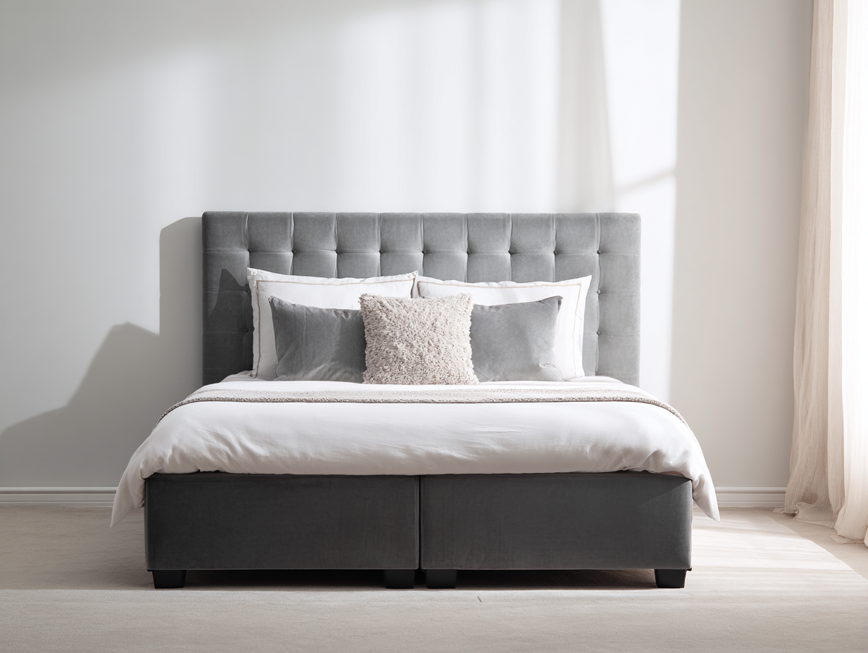 Cama doble tapizada 200x160x110 cm - terciopelo gris - con cabecero acolchado