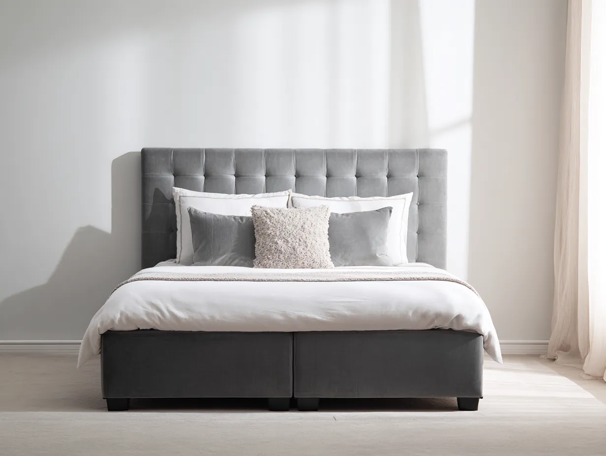 Cama doble tapizada 200x160x110 cm - terciopelo gris - con cabecero acolchado