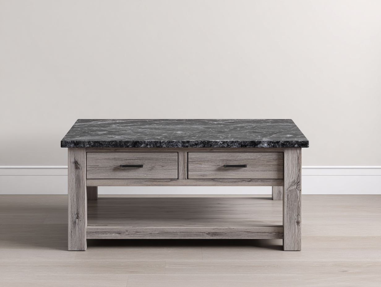 Mesa de centro rectangular con madera y piedra 105x65x45 cm - negro/gris madera - con cajones y estante inferior