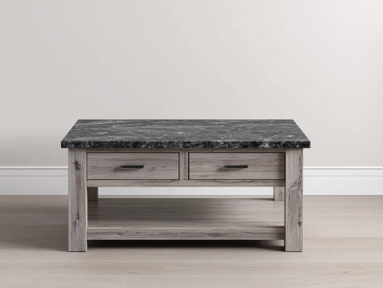 Mesa de centro rectangular con madera y piedra 105x65x45 cm - negro/gris madera - con cajones y estante inferior