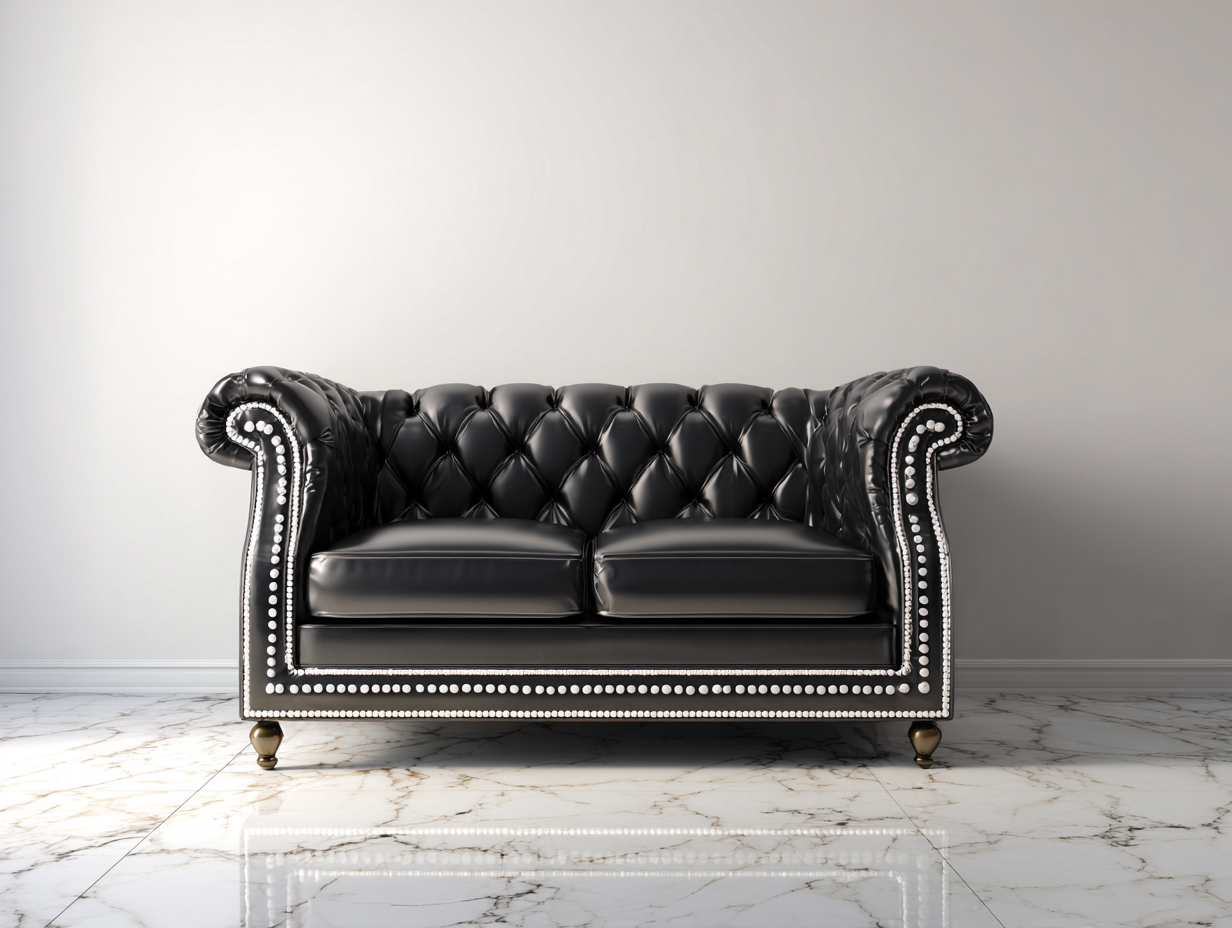 Sofá de 2 plazas en cuero 150x85x95 cm - negro - estilo clásico capitoné con tachuelas decorativas