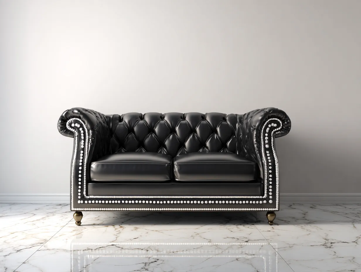 Sofá de 2 plazas en cuero 150x85x95 cm - negro - estilo clásico capitoné con tachuelas decorativas