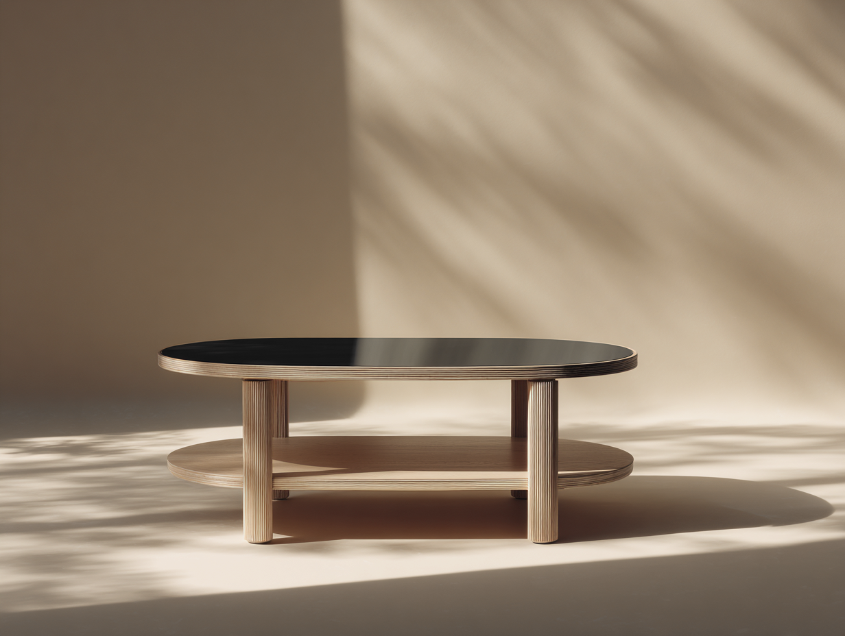 Mesa de centro ovalada con madera y vidrio 115x60x42 cm - negro/madera clara - con estante inferior