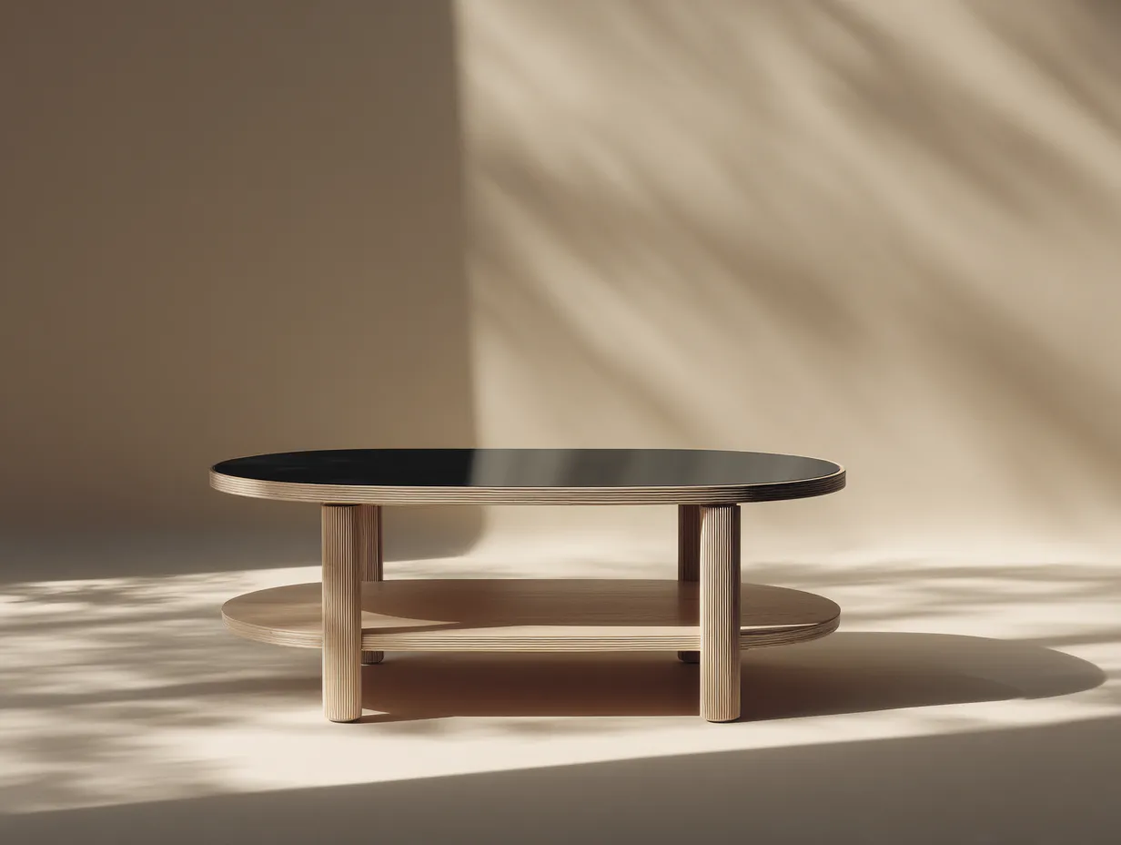 Mesa de centro ovalada con madera y vidrio 115x60x42 cm - negro/madera clara - con estante inferior