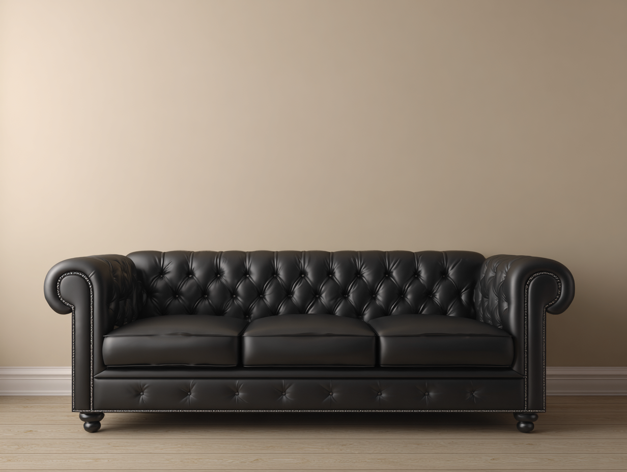 Sofá de tres plazas tapizado en cuero negro 215x95x78 cm - estilo clásico Chesterfield