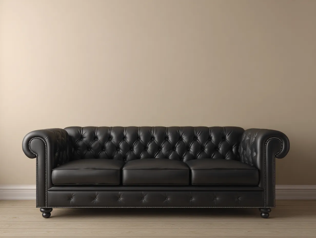 Sofá de tres plazas tapizado en cuero negro 215x95x78 cm - estilo clásico Chesterfield
