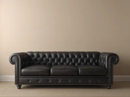Sofá de tres plazas tapizado en cuero negro 215x95x78 cm - estilo clásico Chesterfield