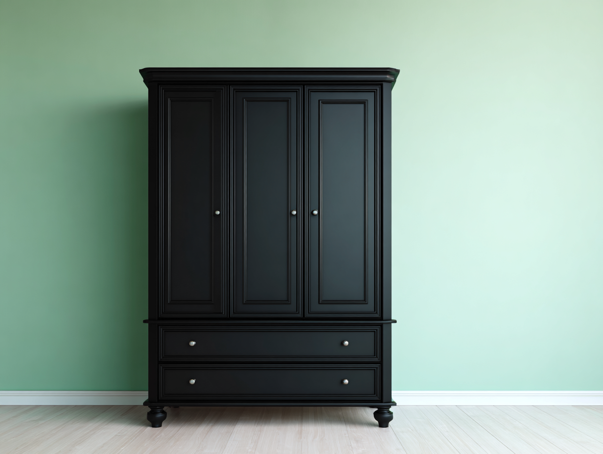 Armario de 3 puertas y 2 cajones en madera MDF negra 120x55x190 cm - estilo clásico - con tiradores metálicos - listo para usar