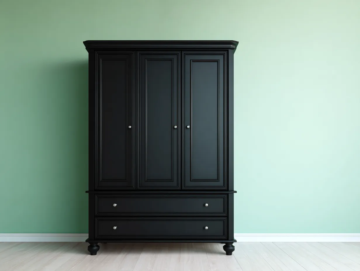 Armario de 3 puertas y 2 cajones en madera MDF negra 120x55x190 cm - estilo clásico - con tiradores metálicos - listo para usar