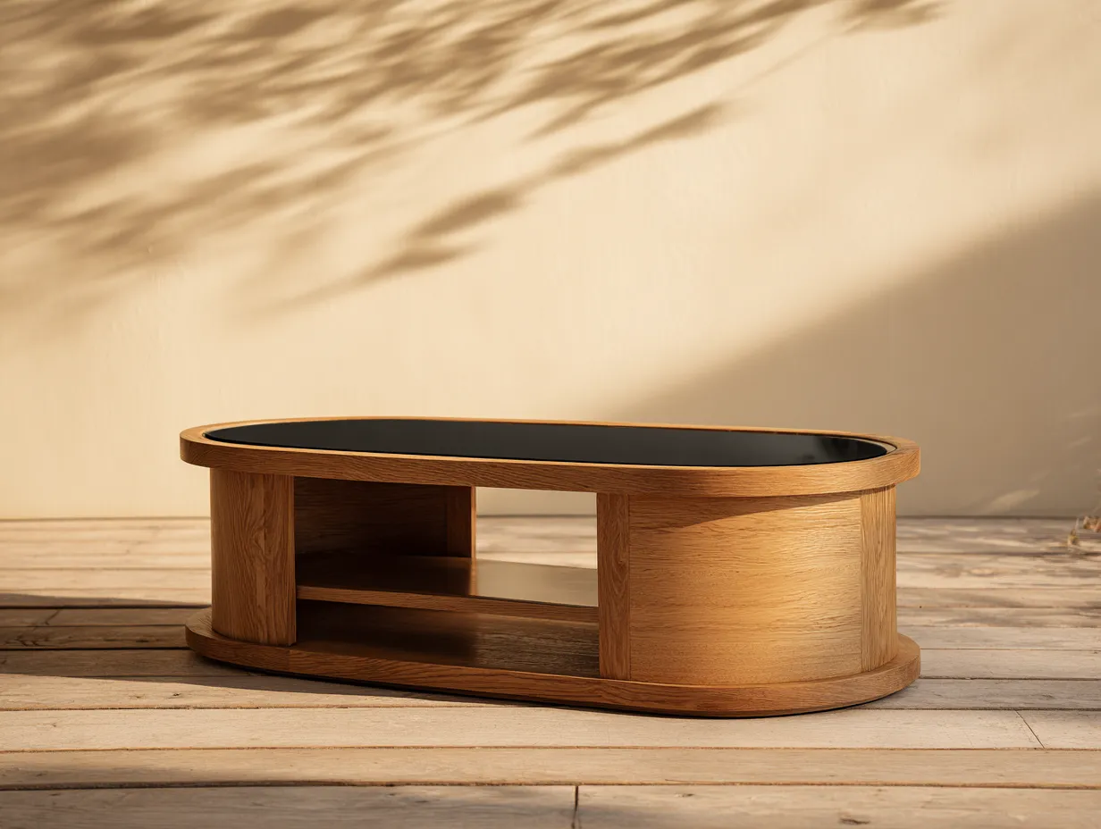 Mesa de centro ovalada de madera y vidrio 120x65x40 cm - negro/madera natural - con estante cerrado - estilo contemporáneo
