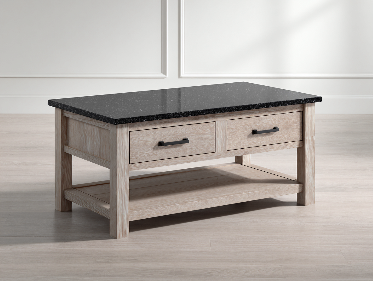 Mesa de centro rectangular con madera y piedra 110x60x45 cm - negro/madera clara - con cajones y estante inferior