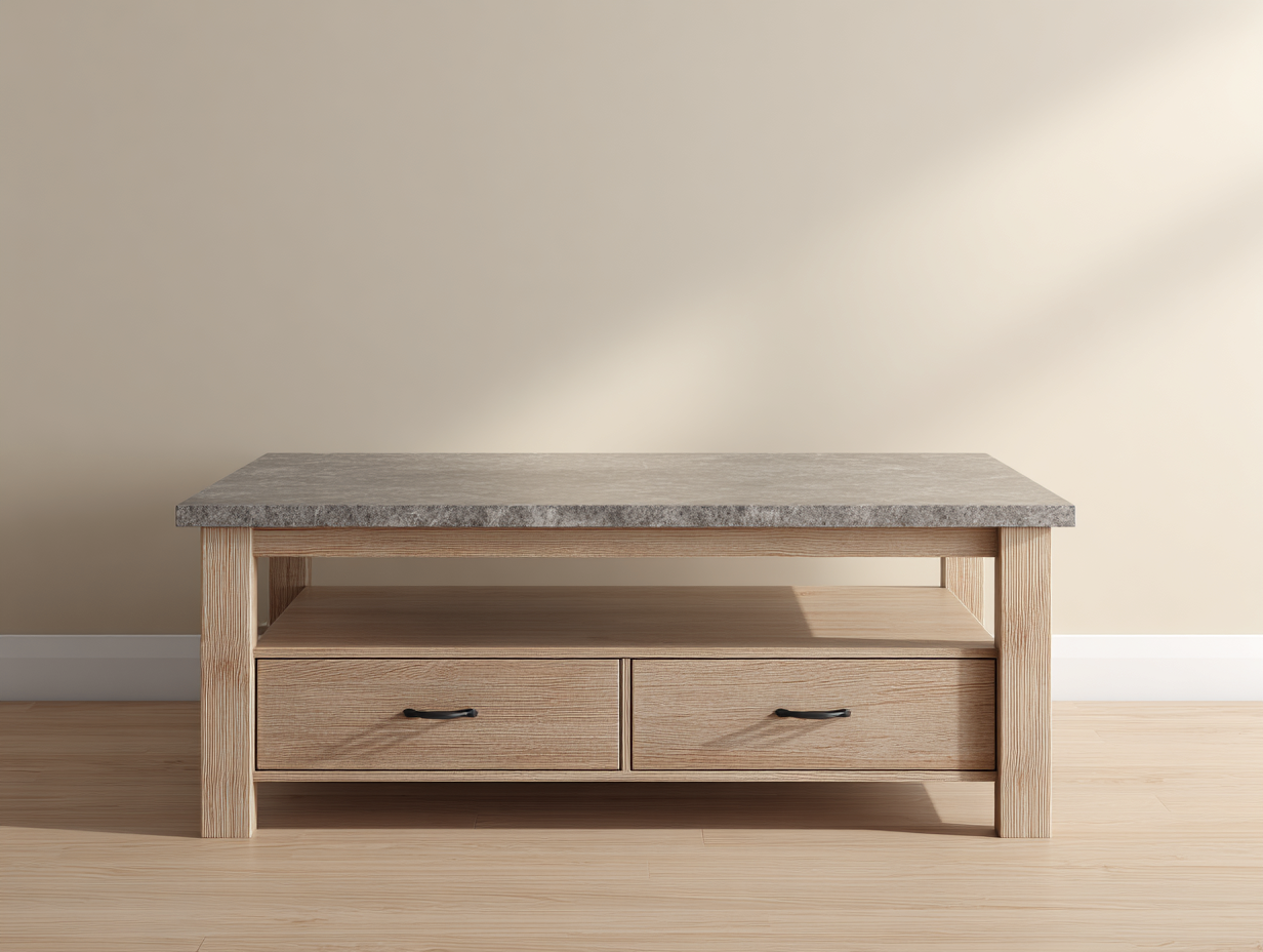 Mesa de centro rectangular con madera y piedra 110x60x45 cm - gris/madera natural - con cajones de almacenaje