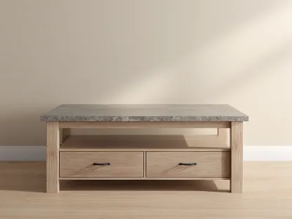 Mesa de centro rectangular con madera y piedra 110x60x45 cm - gris/madera natural - con cajones de almacenaje