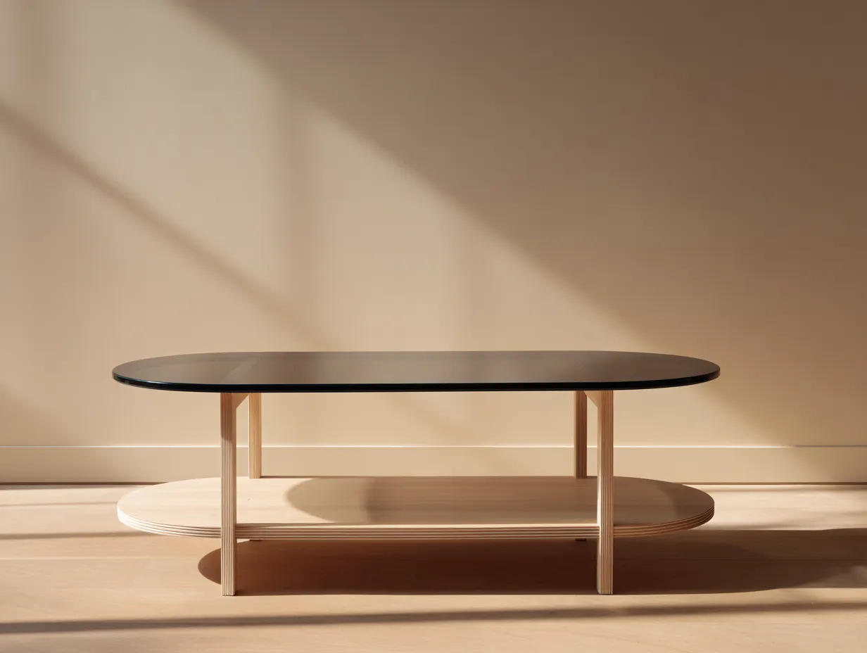 Mesa de centro ovalada de madera clara y vidrio 130x70x45 cm - negro/natural - con estante - estilo contemporáneo