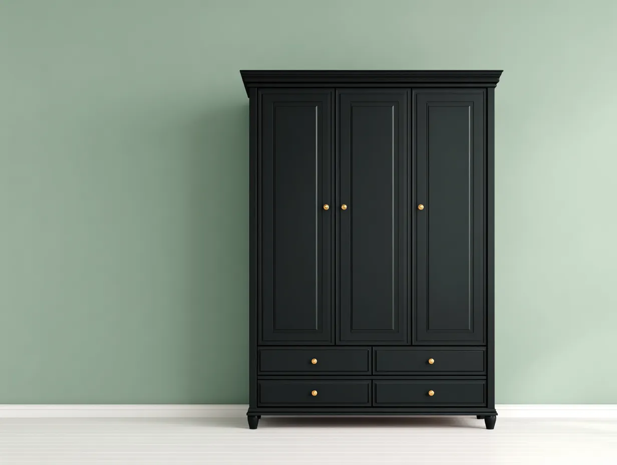 Armario de madera negro con 3 puertas y 4 cajones 130x63x200 cm - estilo clásico