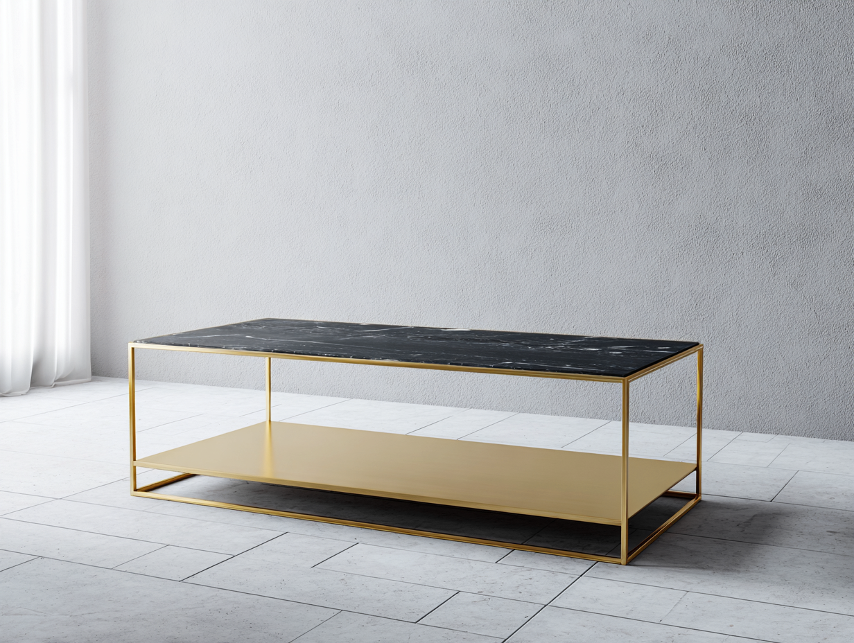 Mesa de centro rectangular de mármol negro y estructura dorada 120x60x42 cm - con estante inferior - estilo moderno