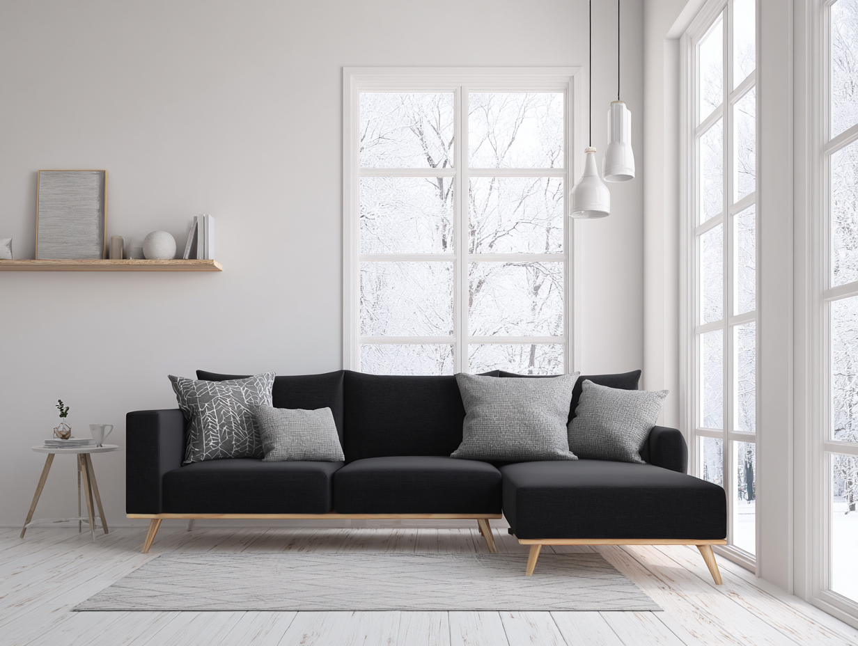 Sofá rinconera tapizado en tela negra con patas de madera 255x165x85 cm - estilo escandinavo