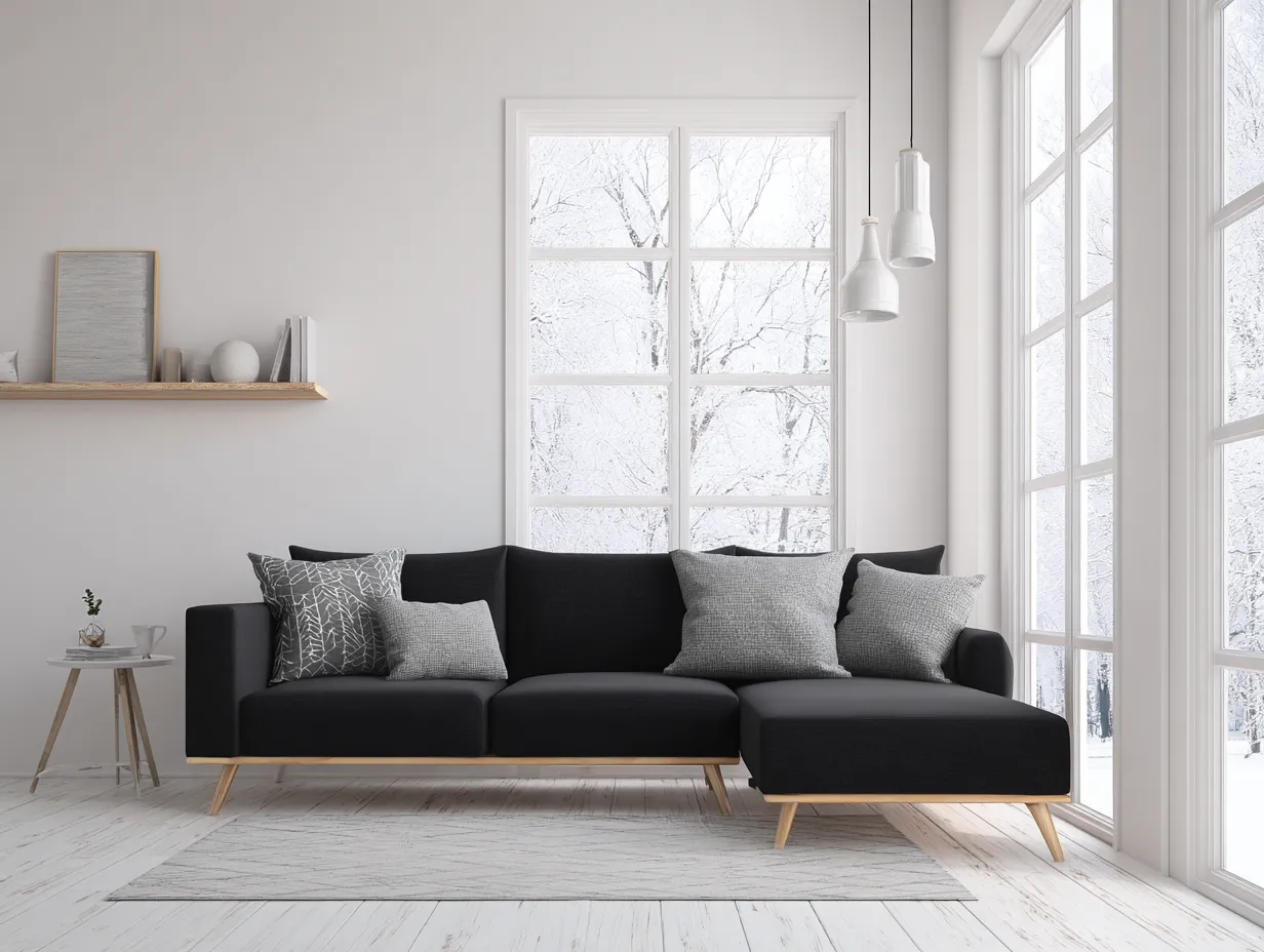 Sofá rinconera tapizado en tela negra con patas de madera 255x165x85 cm - estilo escandinavo