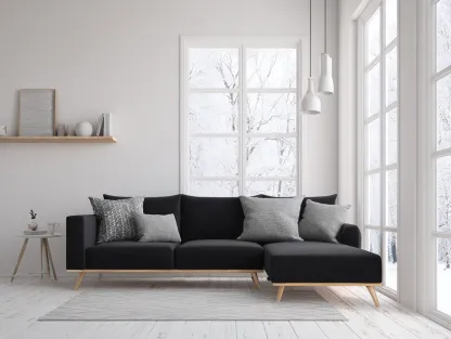 Sofá rinconera tapizado en tela negra con patas de madera 255x165x85 cm - estilo escandinavo