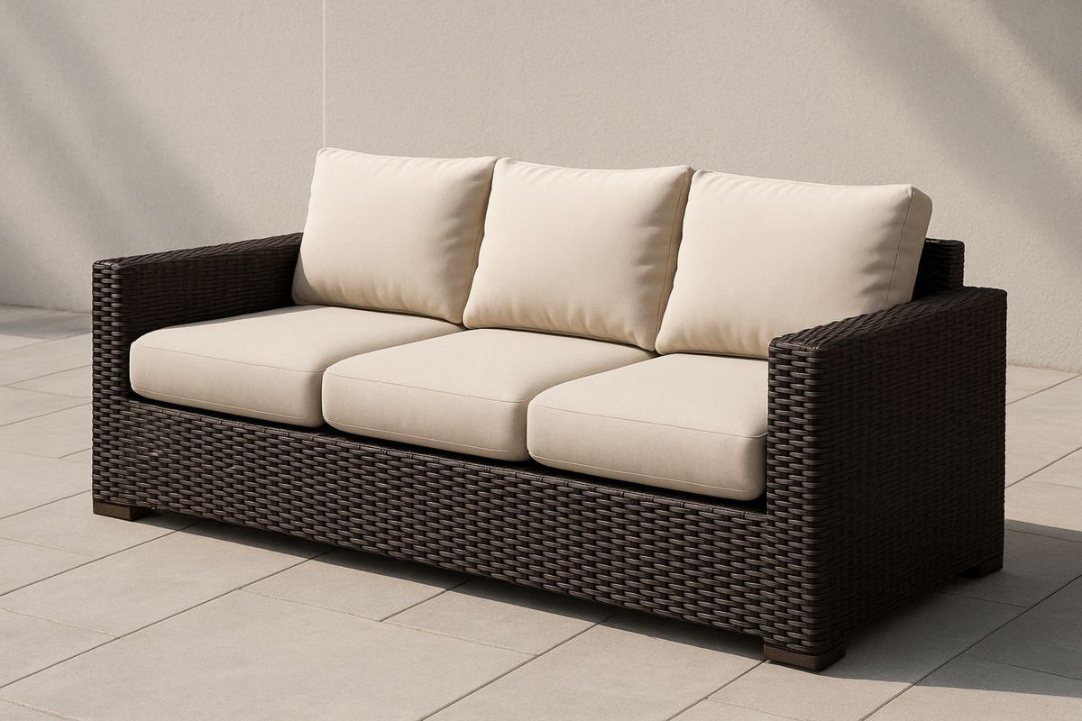 Outdoor Sofa aus Polyethylengeflecht mit Beigen Sitzkissen