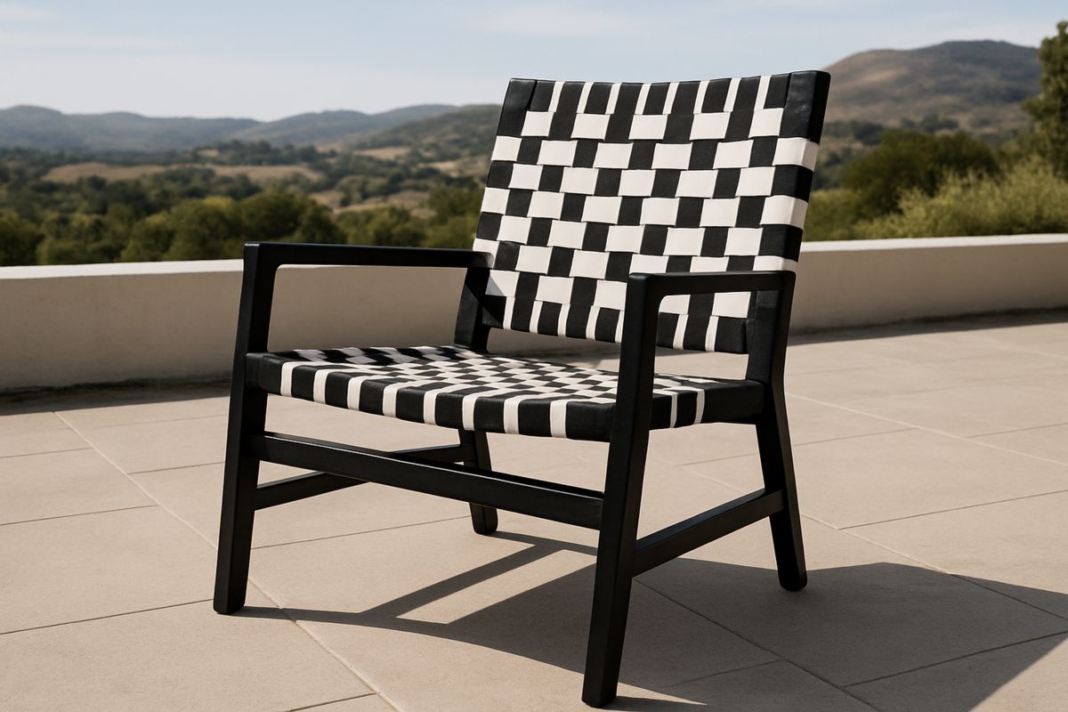 Gartenstuhl aus Holz mit gewebtem Sitz Schwarz/Weiß 60cm x 45cm x 80cm