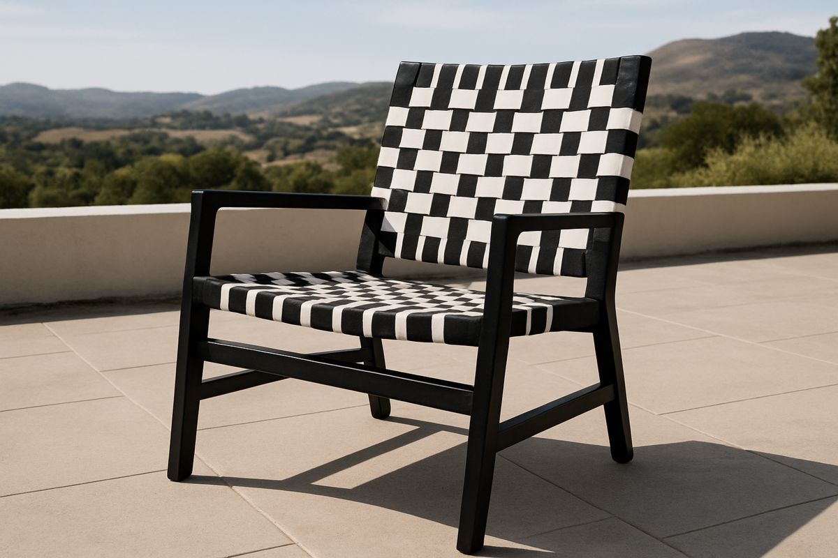 Gartenstuhl aus Holz mit gewebtem Sitz Schwarz/Weiß 60cm x 45cm x 80cm