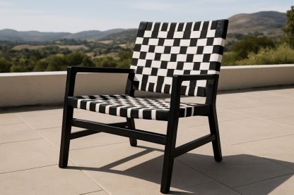 Gartenstuhl aus Holz mit gewebtem Sitz Schwarz/Weiß 60cm x 45cm x 80cm