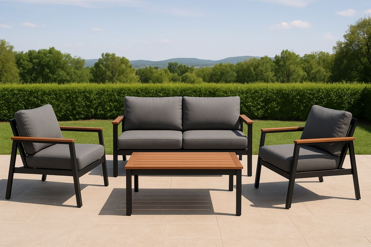 Gartenlounge Set Aluminium Holz Polyester Dunkelgrau/Schwarz