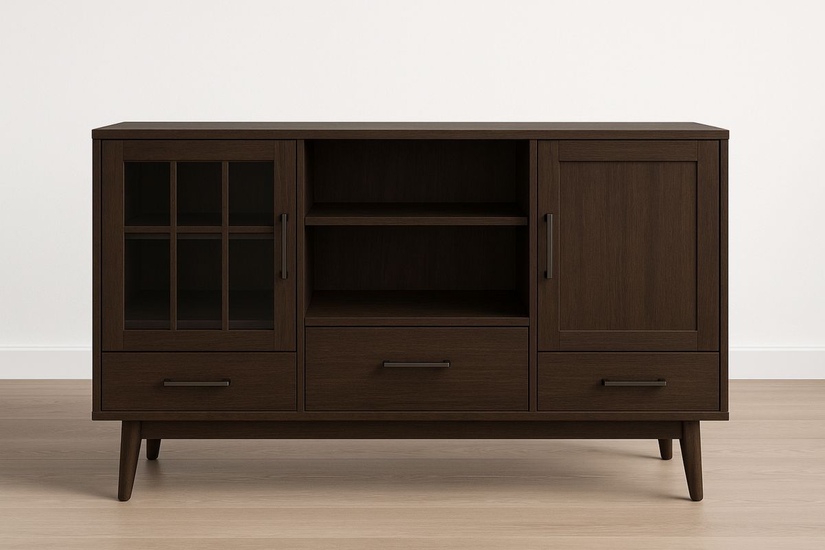 Dunkelbraunes Holz Sideboard mit Glastür und Schubladen 150x40x80cm