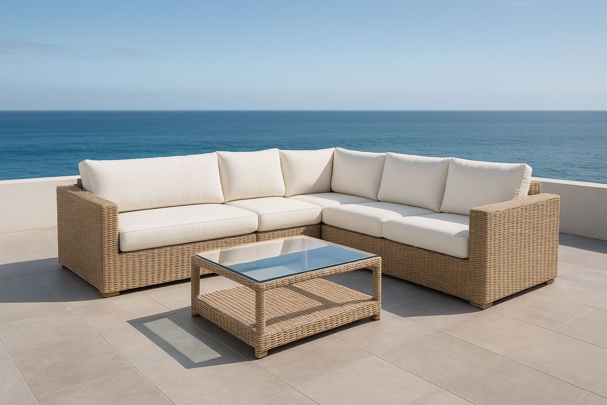Gartenmöbel-Set Rattan-Sofa mit Glastisch Weiß Beige