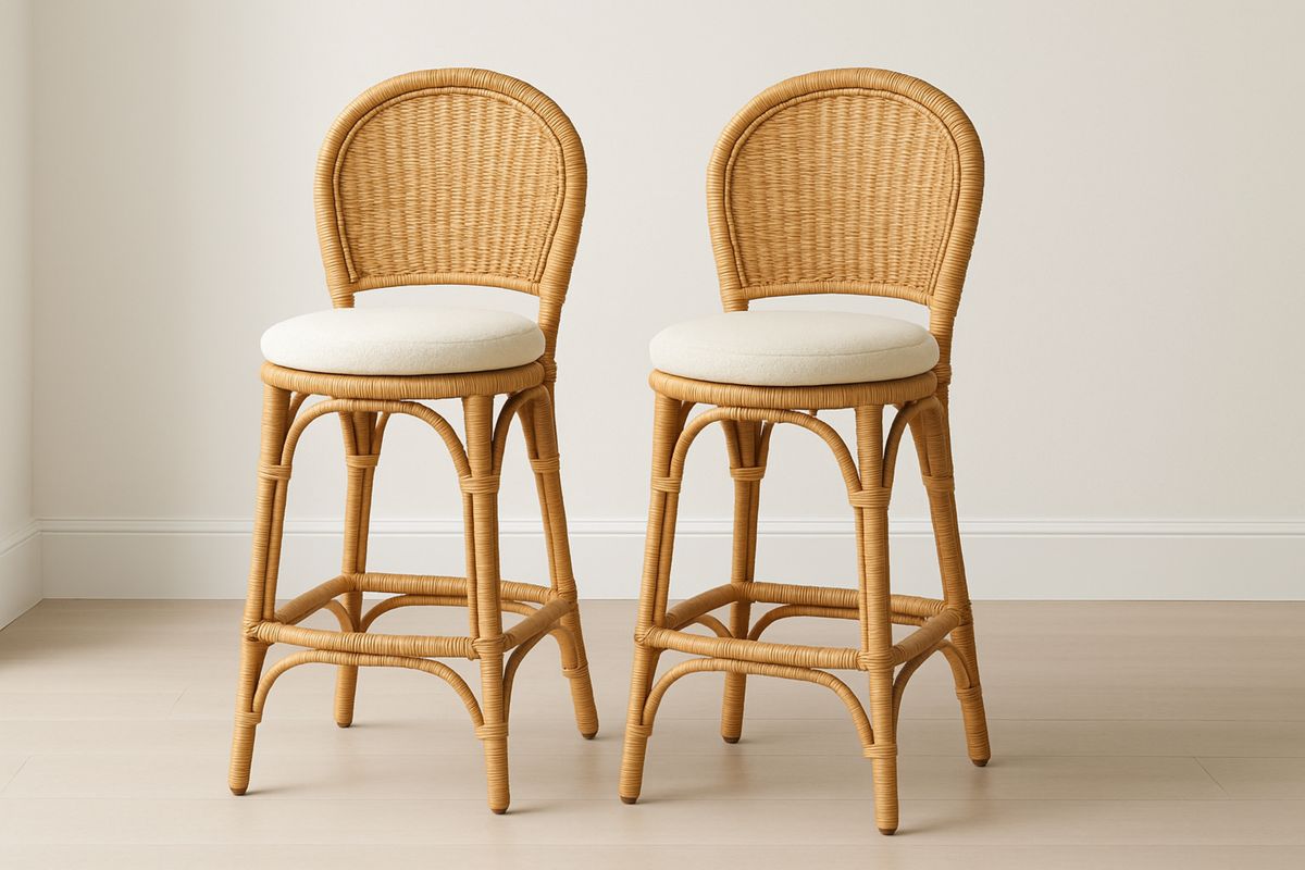 Rattan Barhocker Set mit Stoffkissen Beige