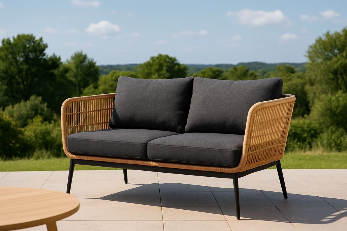 Zweisitzer Outdoor Sofa Rattan mit schwarzem Polster