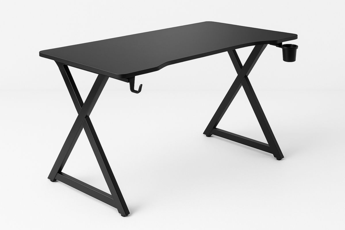 Schreibtisch Metall MDF 120cm x 60cm x 75cm Schwarz mit Haken und Becherhalter