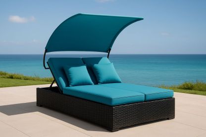 Rattan Gartenliege mit Sonnendach und Kissen Blau 200x180x145 cm