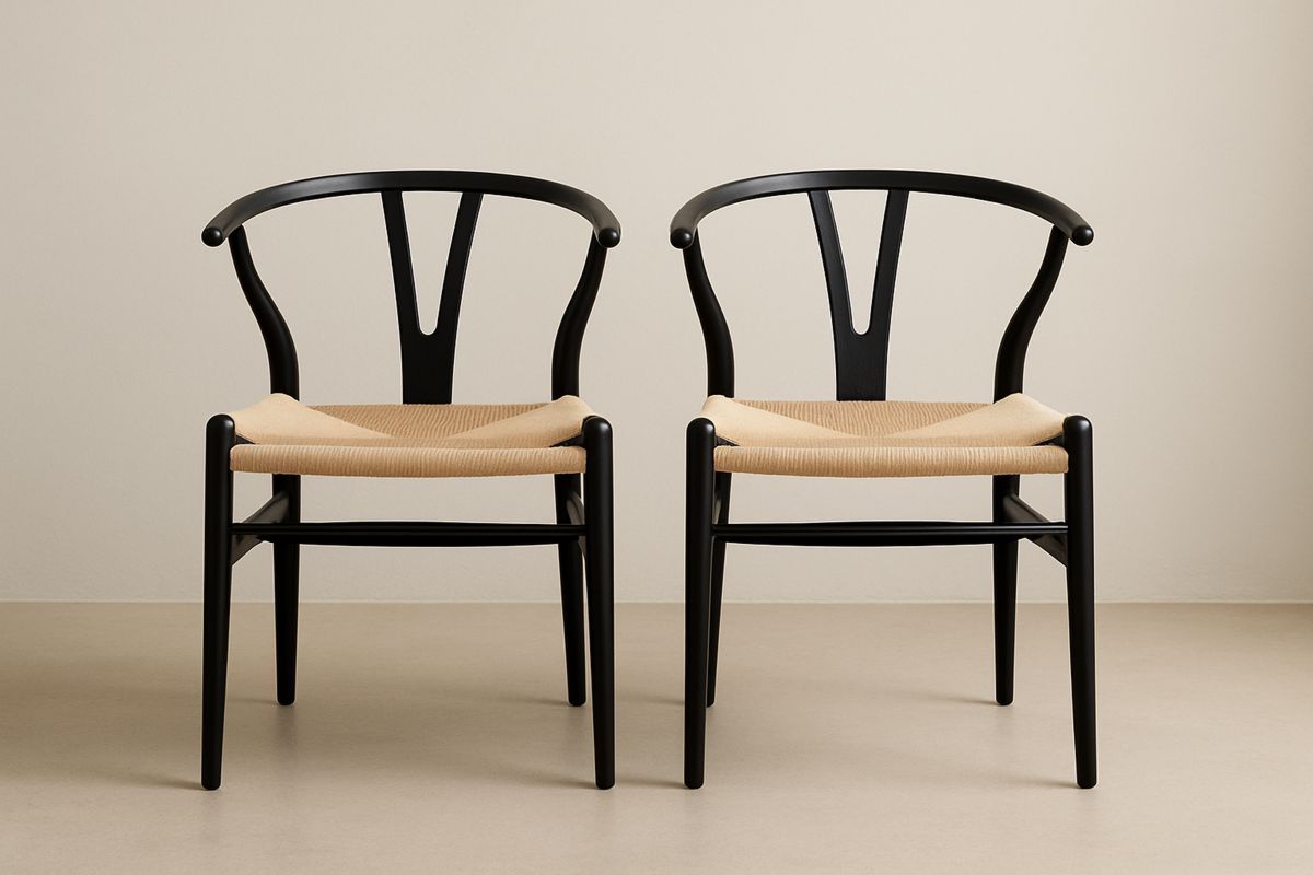 2er-Set Esszimmerstühle aus Holz mit Papierseil Sitz Schwarz Beige