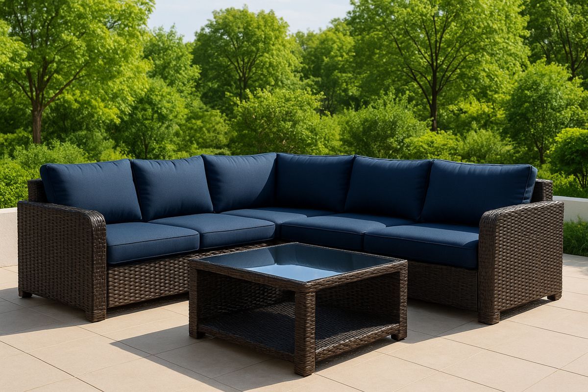 Gartenmöbel-Set Rattan Ecksofa Glasplatte Blau Dunkelbraun