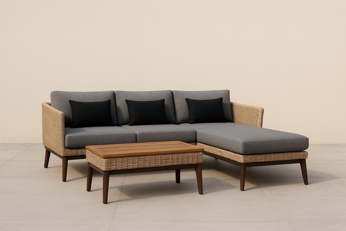 Rattan Ecksofa Set mit Tisch Holzrahmen Grau/Schwarz