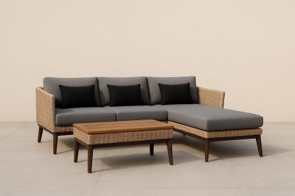 Rattan Ecksofa Set mit Tisch Holzrahmen Grau/Schwarz